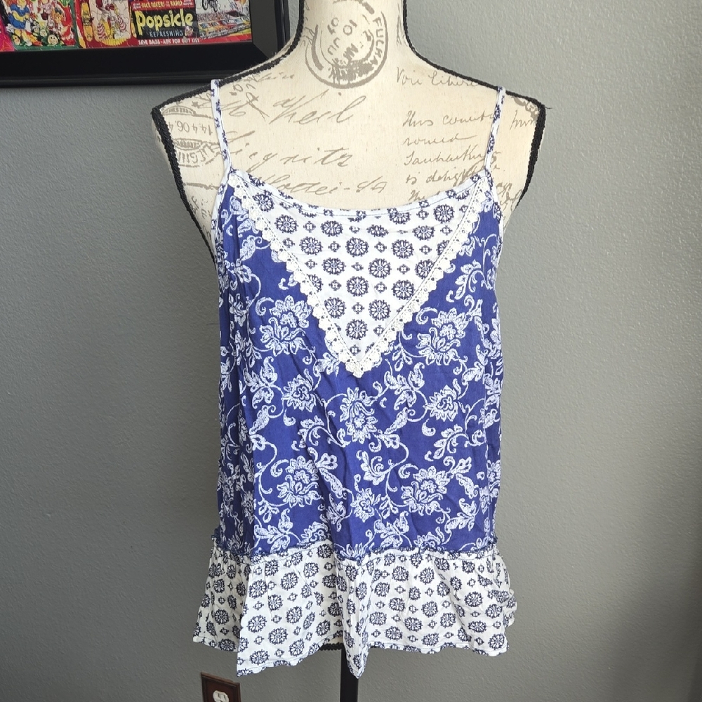 Timing Blue and White Asymmetrical Peplum Camisole